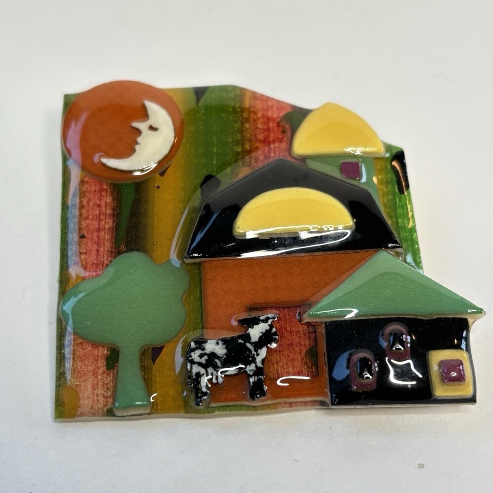 House Pin by Lucinda Brooch Fall Autumn Farm Cow Silo Moon Halloween Colors